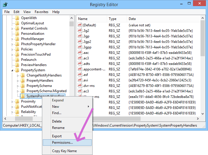 Registry Editor -> Permissions...