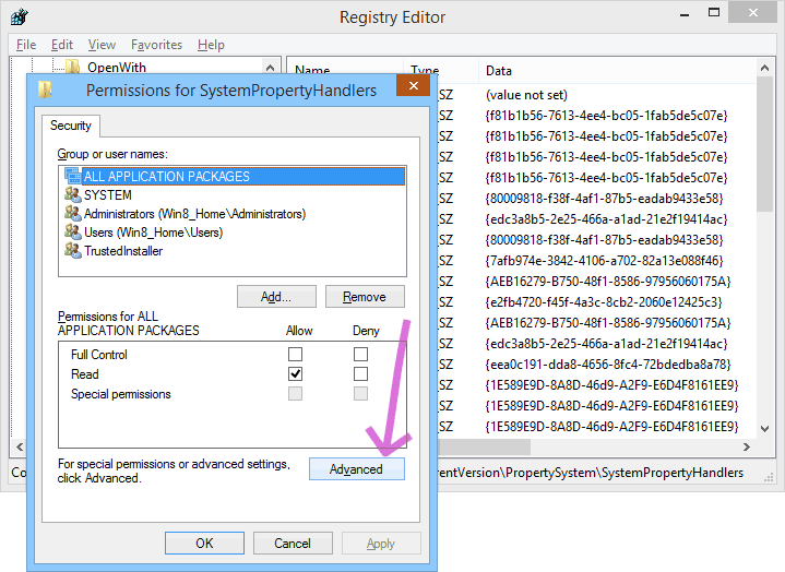 Registry Editor -> Permissions... -> Advanced