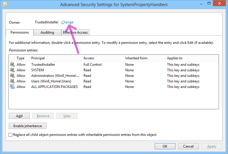 Registry Editor -> Permissions... -> Advanced -> Owner