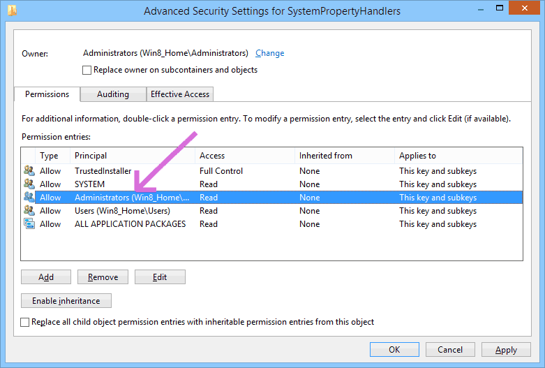 Registry Editor -> Permissions... -> Advanced -> Permission entries