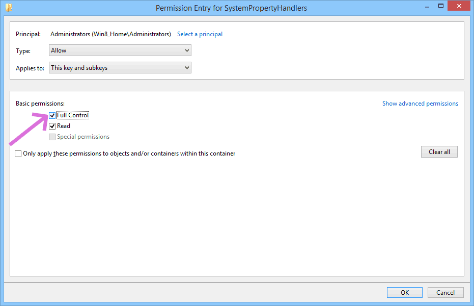 Registry Editor -> Permissions... -> Advanced -> Permission entries -> Full Control